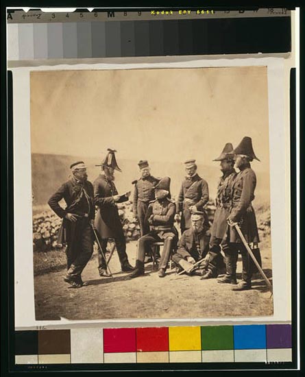Lieutenant General Sir George Brown G.C.B. & officers of his staff Major Hallewell, Colonel Brownrigg, orderly, Colonel Airey, Captain Pearson, Captain Markham, Captain Ponsonby.
